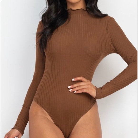 NEW FALL TRENDY DARK BROWN LONG SLEEVE RIBBED MOCK NECK THONG BODYSUIT - Picture 4 of 4